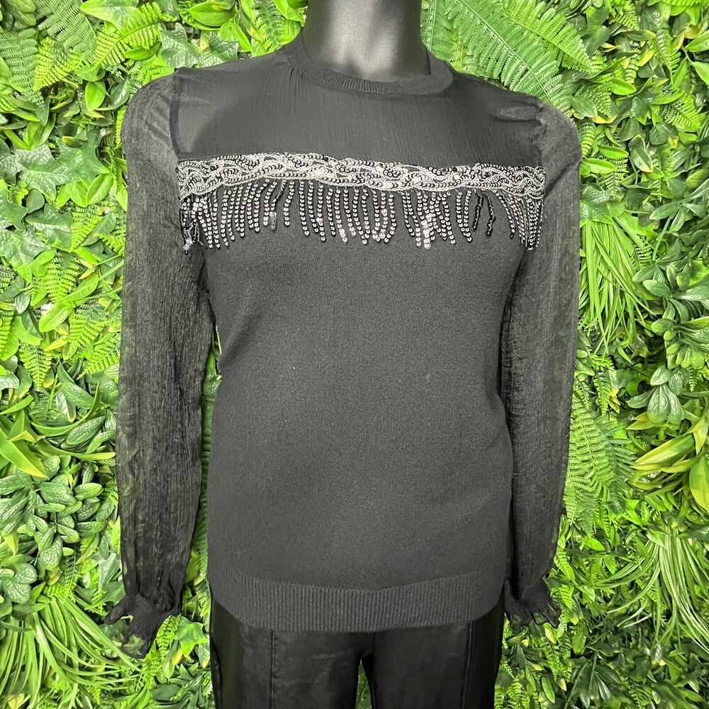 Ontwelfth Tops Women XL Black Sweater Blouse With Sequins Sheer Sleeve‎  0145 - Picture 3 of 13